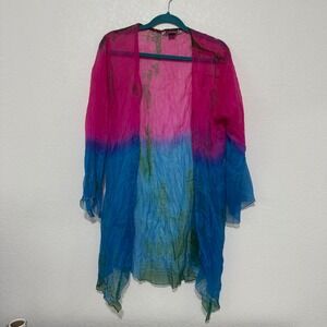 Zury Kimono Women Free Size Pink Blue Ombre Tie Dye Open Front Crinkle Rayon